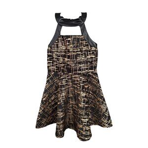 Miss Behave Girls Black & Gold Textured Halter Dress Size 10 With Faux Leather D